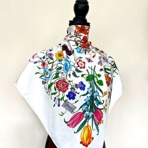 Display #1 New Gucci Scarf Flora Print Logo Multicolor Silk Wrap